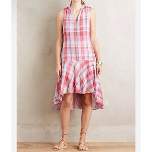 Anthropologie Maeve Pippa Swing Dress Size M Red Pink Plaid Gauzy Beach Cotton